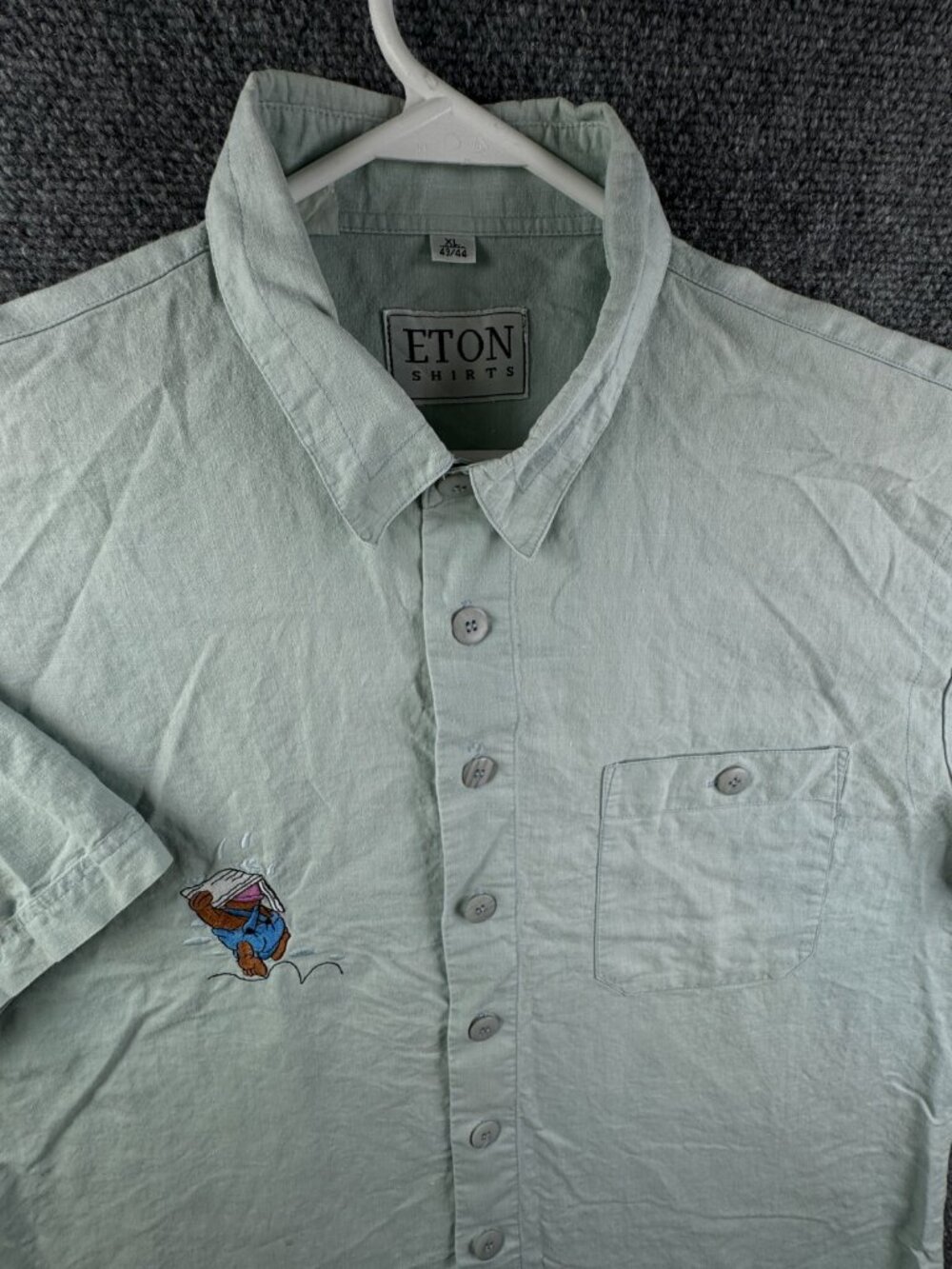 VTG Eton Button Up Shirt Men Linen Cotton Short Sleeve Green Embroidered XL